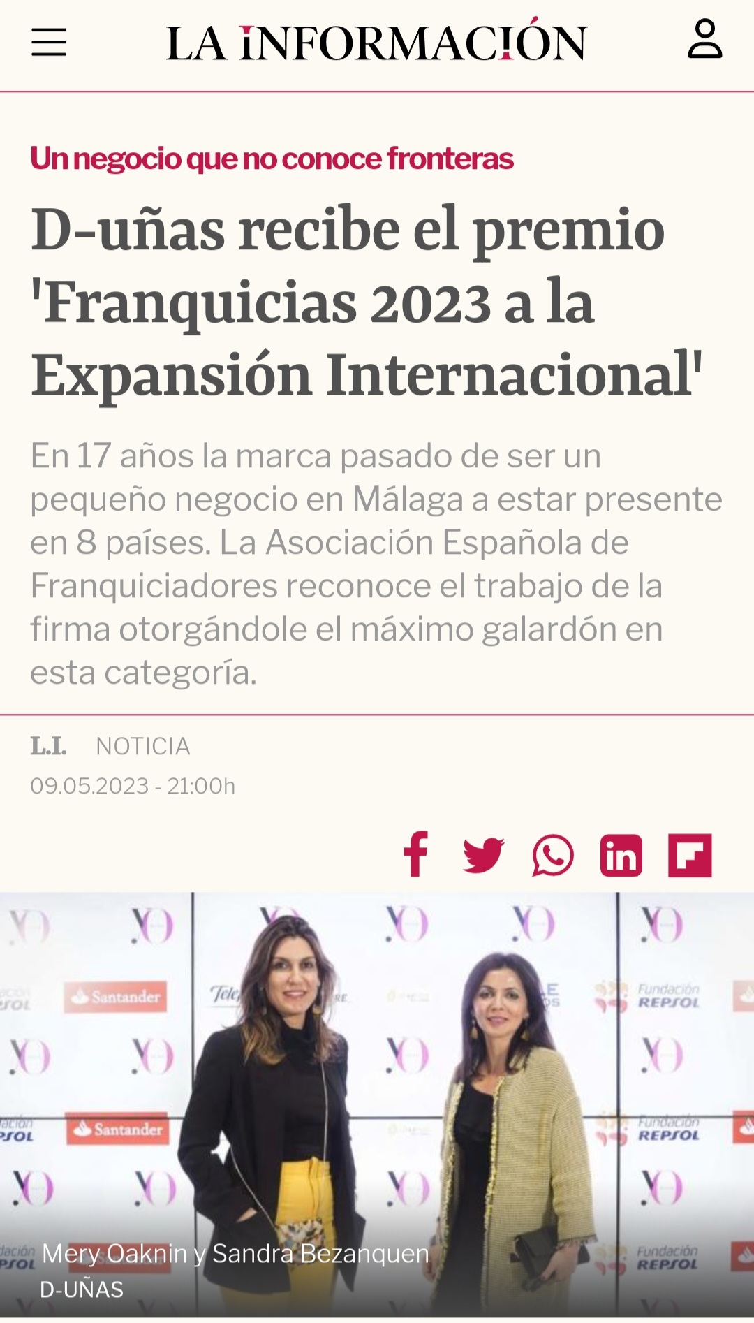 La información habla sobre el premio a la expansión internacional